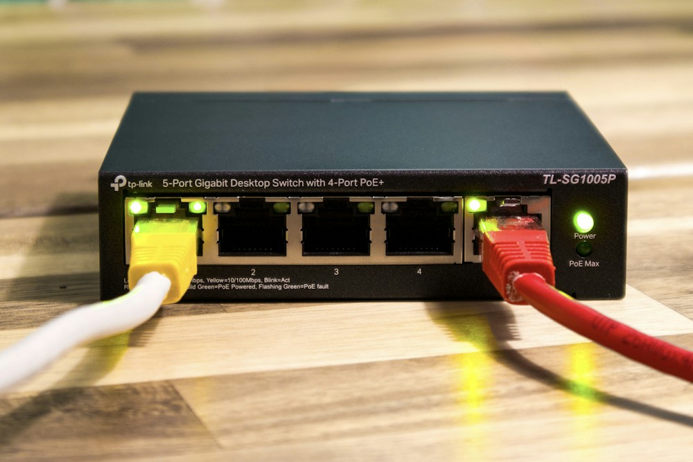 Ethernet cables connected to a network switch